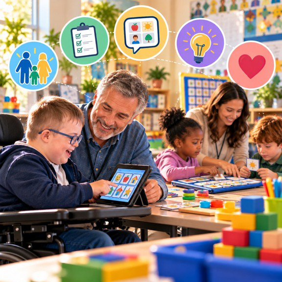 Teacher and students using a laptop with technology, AI and online safety icons