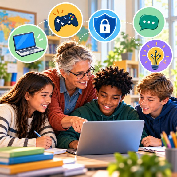 Teacher and students using a laptop with technology, AI and online safety icons